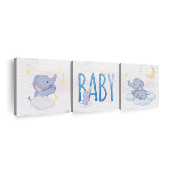 Zoomie Kids " Blue Baby Elephants Multi Piece Canvas Print " 3 Pieces